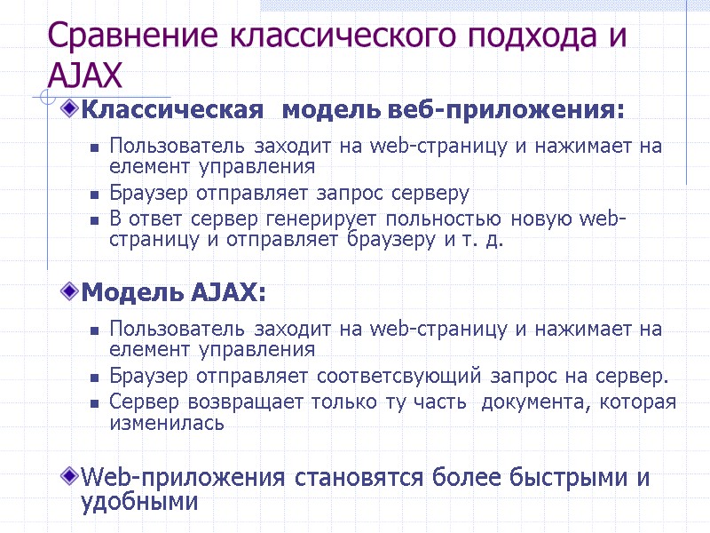 Сравнение классического подхода и AJAX Классическая модель веб-приложения: Пользователь заходит на web-страницу и Сравнение классического подхода и AJAX Классическая модель веб-приложения: Пользователь заходит на web-страницу и